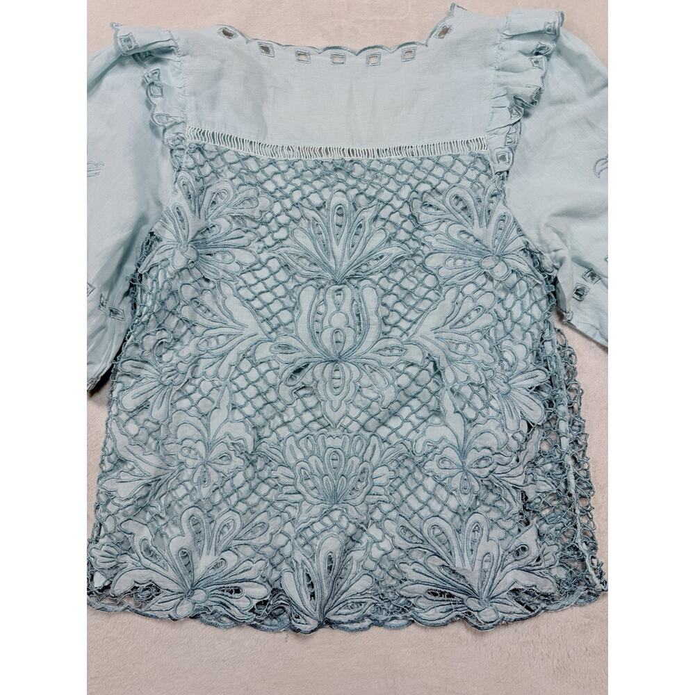 Sundance Lace Crochet Linen Blend Top Cottagecore Boho Prairie Skyblue Women Lg - Picture 11 of 15